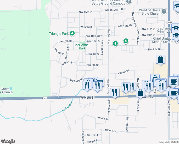 map of restaurants, bars, coffee shops, grocery stores, and more near 2411 Northwest 3rd Way in Battle Ground