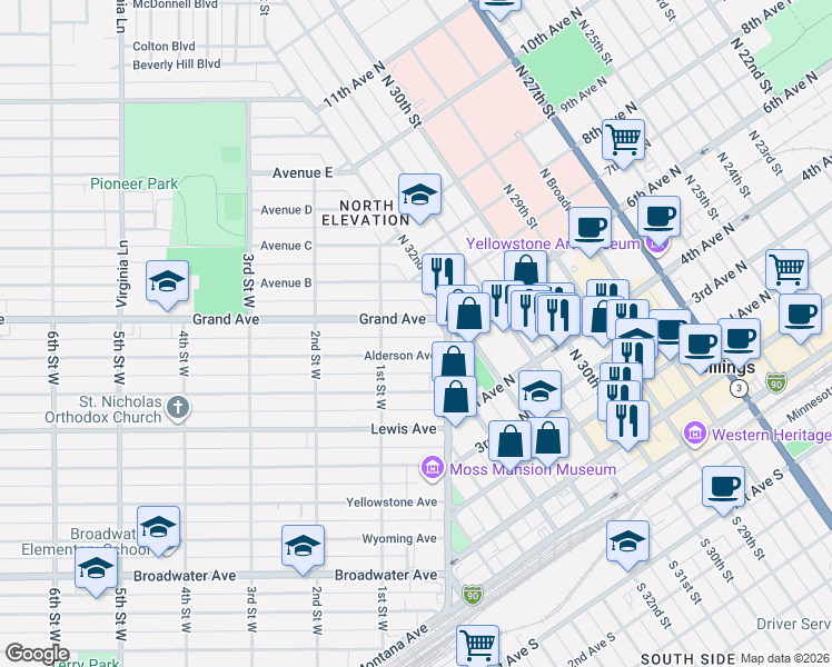map of restaurants, bars, coffee shops, grocery stores, and more near 10 Alderson Avenue in Billings