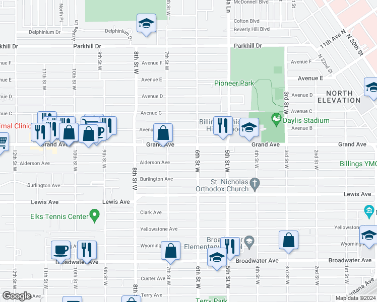 map of restaurants, bars, coffee shops, grocery stores, and more near 610 Alderson Avenue in Billings