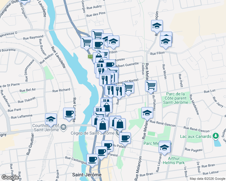 map of restaurants, bars, coffee shops, grocery stores, and more near 589 Rue Saint-Georges in Saint-Jérôme