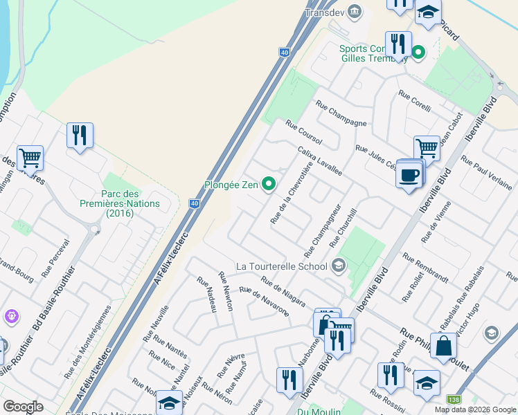 map of restaurants, bars, coffee shops, grocery stores, and more near 306 Rue de Calais in Repentigny