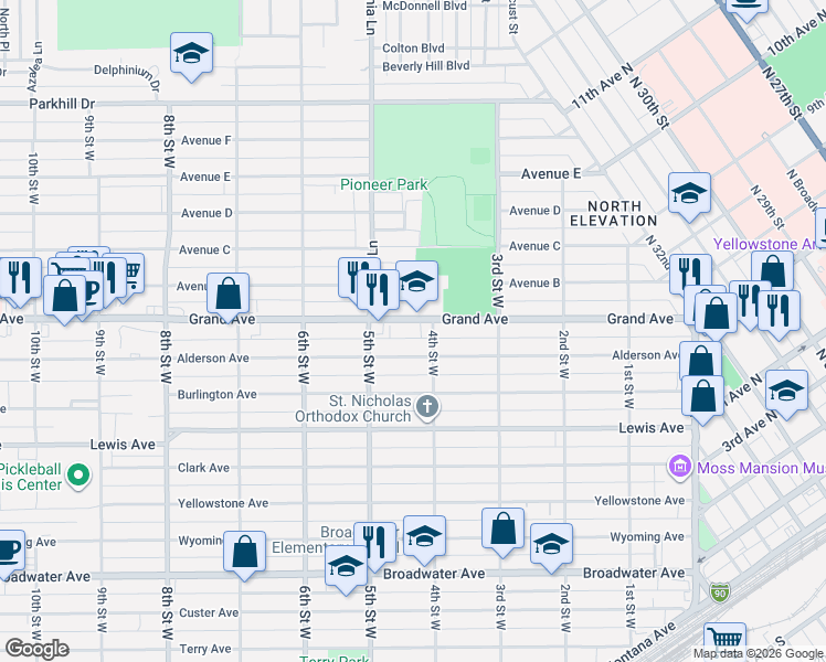 map of restaurants, bars, coffee shops, grocery stores, and more near 401-499 Grand Ave in Billings
