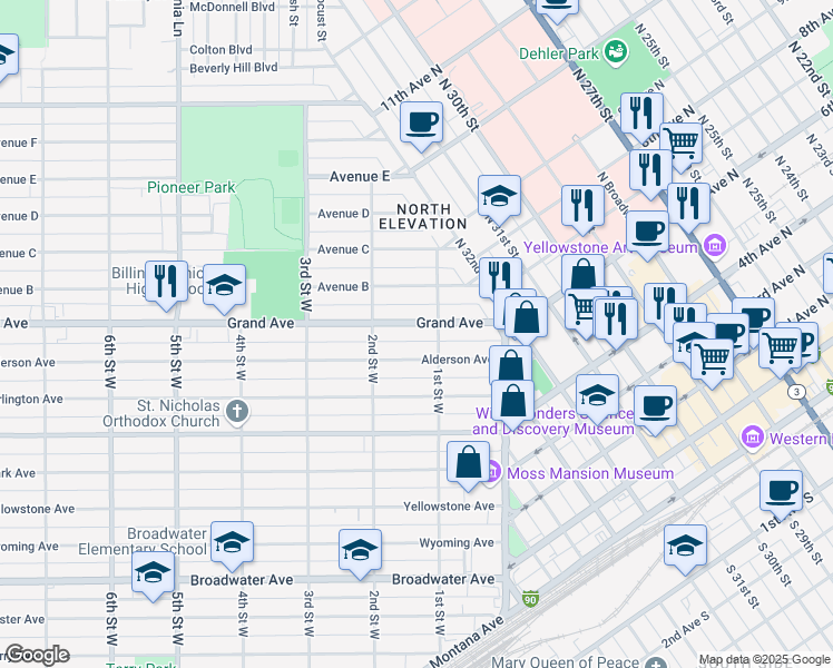 map of restaurants, bars, coffee shops, grocery stores, and more near 118 Grand Avenue in Billings