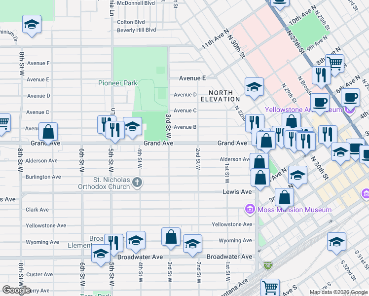 map of restaurants, bars, coffee shops, grocery stores, and more near 229 Grand Avenue in Billings