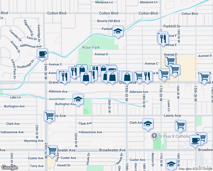 map of restaurants, bars, coffee shops, grocery stores, and more near 2001 Grand Avenue in Billings