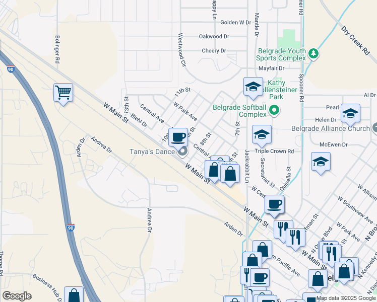 map of restaurants, bars, coffee shops, grocery stores, and more near 99 9th Street in Belgrade