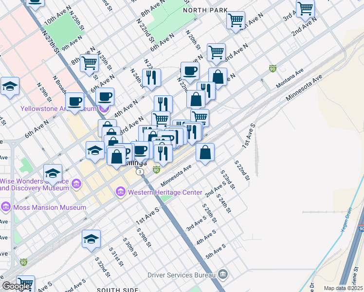 map of restaurants, bars, coffee shops, grocery stores, and more near 101 North 24th Street in Billings