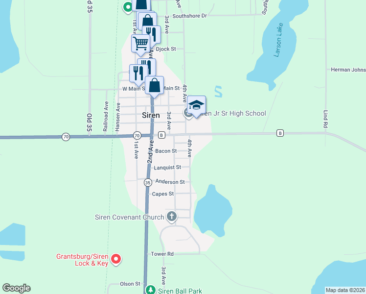 map of restaurants, bars, coffee shops, grocery stores, and more near 7623 County Highway B in Siren