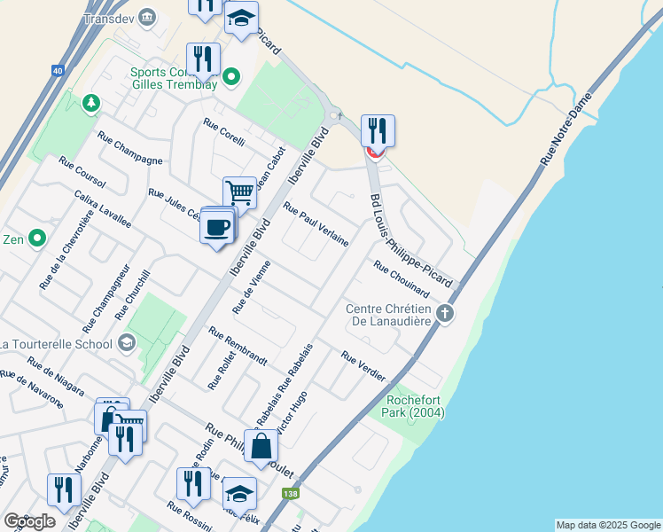map of restaurants, bars, coffee shops, grocery stores, and more near 1371 Rue Vivaldi in Repentigny