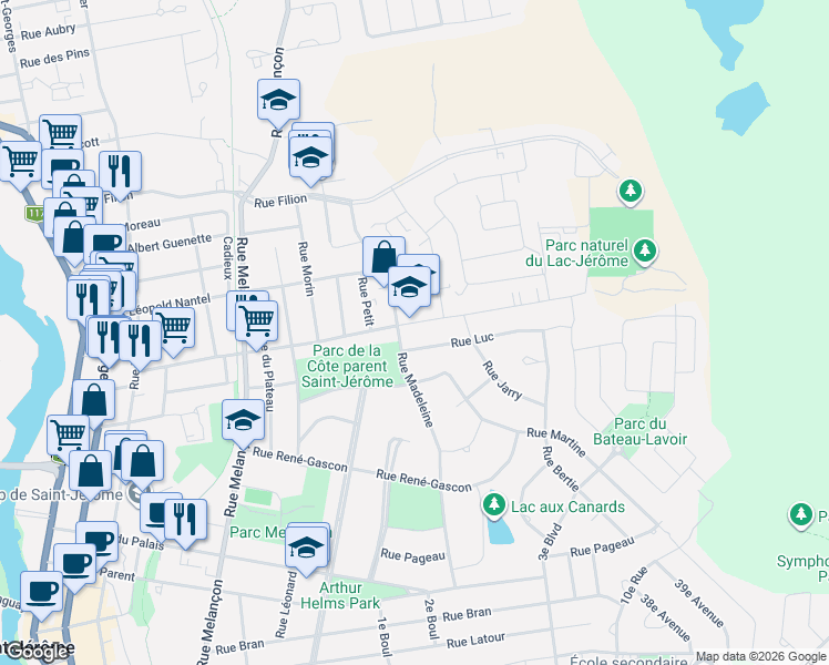 map of restaurants, bars, coffee shops, grocery stores, and more near 574 Rue Ouimet in Saint-Jérôme