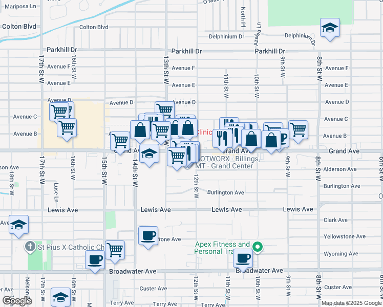 map of restaurants, bars, coffee shops, grocery stores, and more near 1408 12th St W in Billings