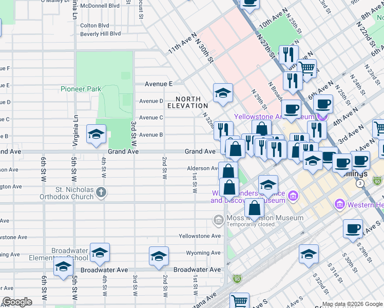 map of restaurants, bars, coffee shops, grocery stores, and more near 104 Grand Avenue in Billings