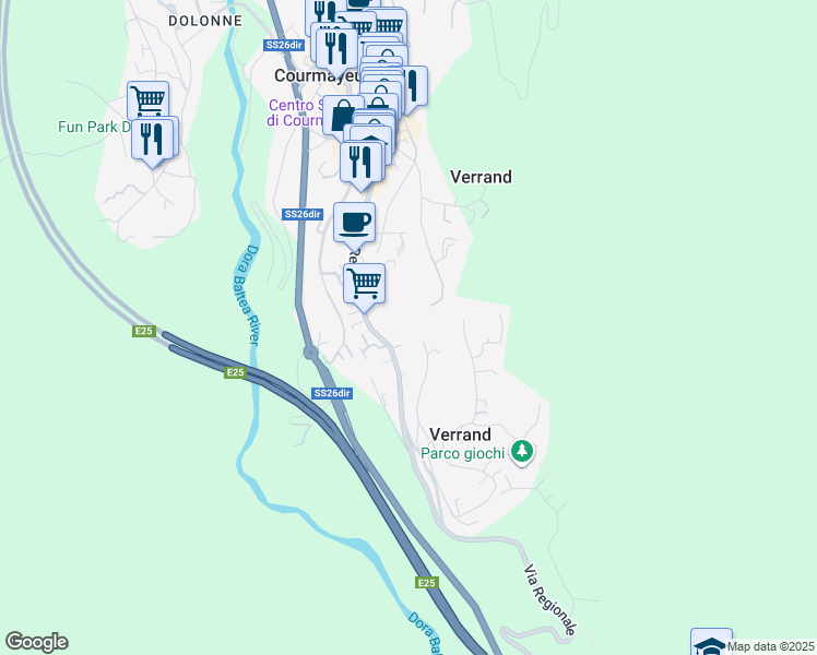 map of restaurants, bars, coffee shops, grocery stores, and more near 45 Via Donzelli in Courmayeur