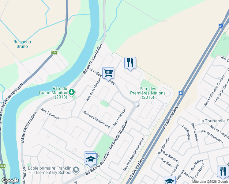 map of restaurants, bars, coffee shops, grocery stores, and more near 1665 Rue de la Ouareau in Repentigny
