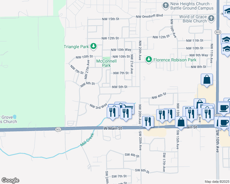 map of restaurants, bars, coffee shops, grocery stores, and more near 2310 Northwest 4th Street in Battle Ground