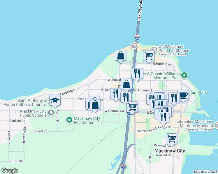 map of restaurants, bars, coffee shops, grocery stores, and more near 217 West Sinclair Street in Petoskey