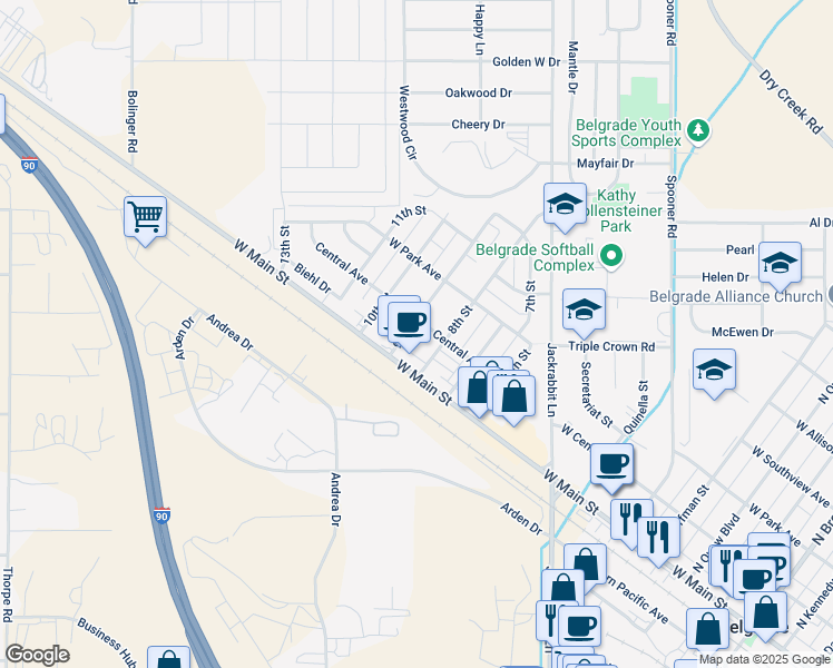map of restaurants, bars, coffee shops, grocery stores, and more near 99 9th Street in Belgrade
