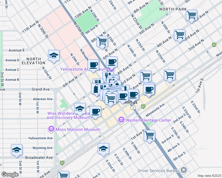 map of restaurants, bars, coffee shops, grocery stores, and more near 310 North 27th Street in Billings