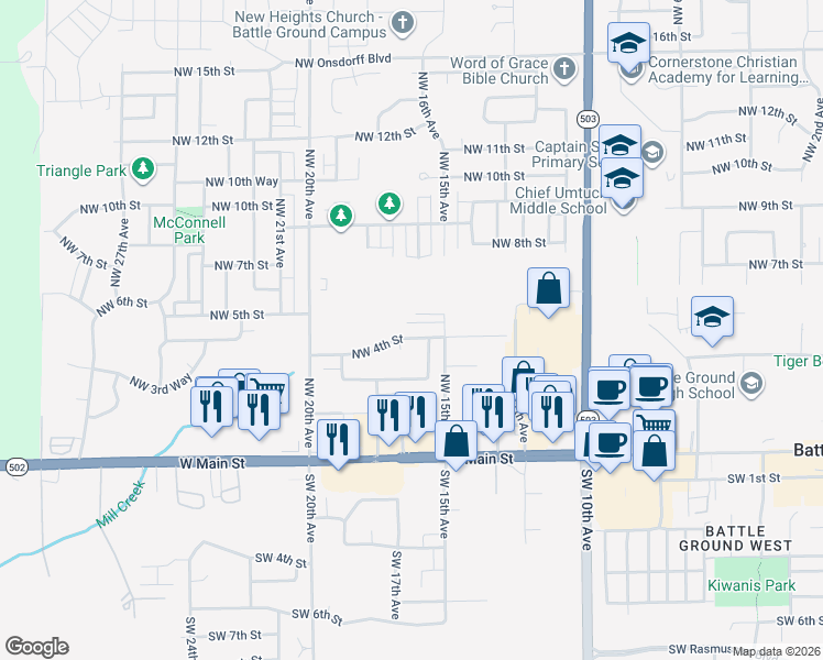 map of restaurants, bars, coffee shops, grocery stores, and more near 1604 Northwest 4th Street in Battle Ground