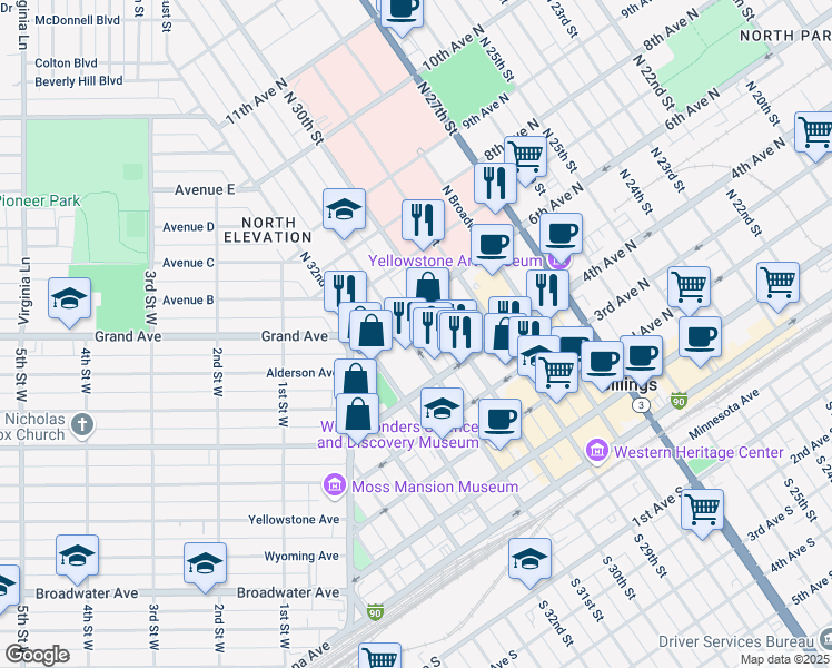 map of restaurants, bars, coffee shops, grocery stores, and more near 515 North 31st Street in Billings
