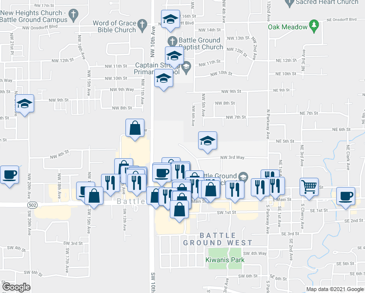 map of restaurants, bars, coffee shops, grocery stores, and more near 406 Northwest 5th Avenue in Battle Ground