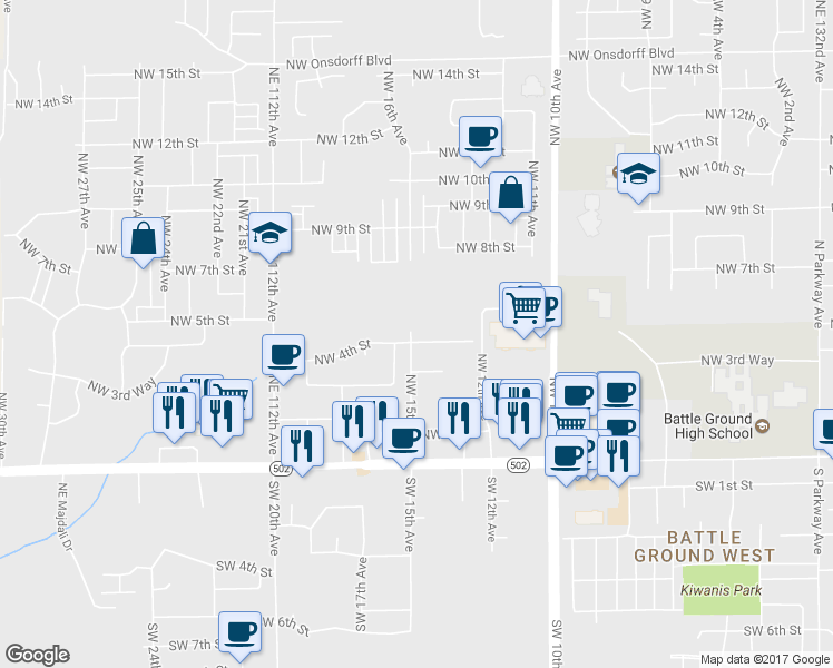 map of restaurants, bars, coffee shops, grocery stores, and more near 1408 Northwest 4th Street in Battle Ground