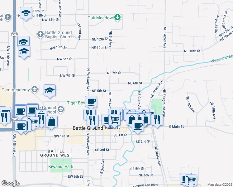 map of restaurants, bars, coffee shops, grocery stores, and more near 315 Northeast 5th Street in Battle Ground
