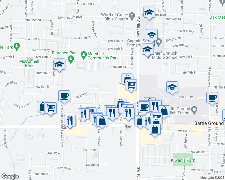 map of restaurants, bars, coffee shops, grocery stores, and more near 1302 Northwest 4th Street in Battle Ground