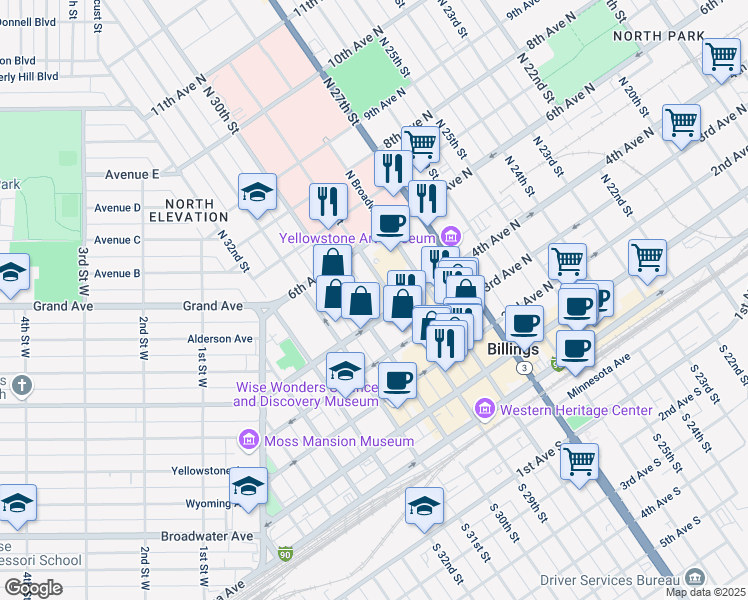 map of restaurants, bars, coffee shops, grocery stores, and more near 415 North 30th Street in Billings