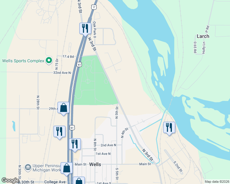 map of restaurants, bars, coffee shops, grocery stores, and more near 6496-6612 North 3rd Street in Escanaba