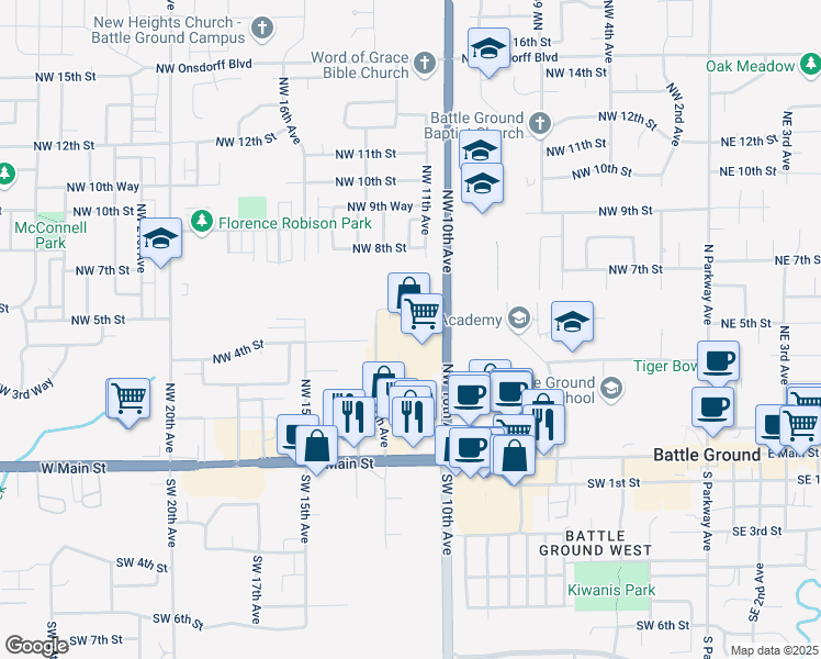 map of restaurants, bars, coffee shops, grocery stores, and more near 401 Northwest 12th Avenue in Battle Ground