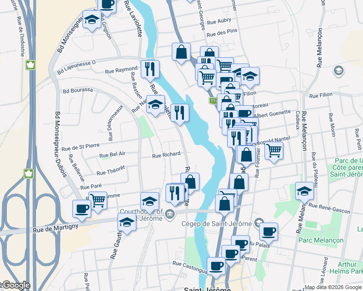 map of restaurants, bars, coffee shops, grocery stores, and more near 558 Rue Laviolette in Saint-Jérôme