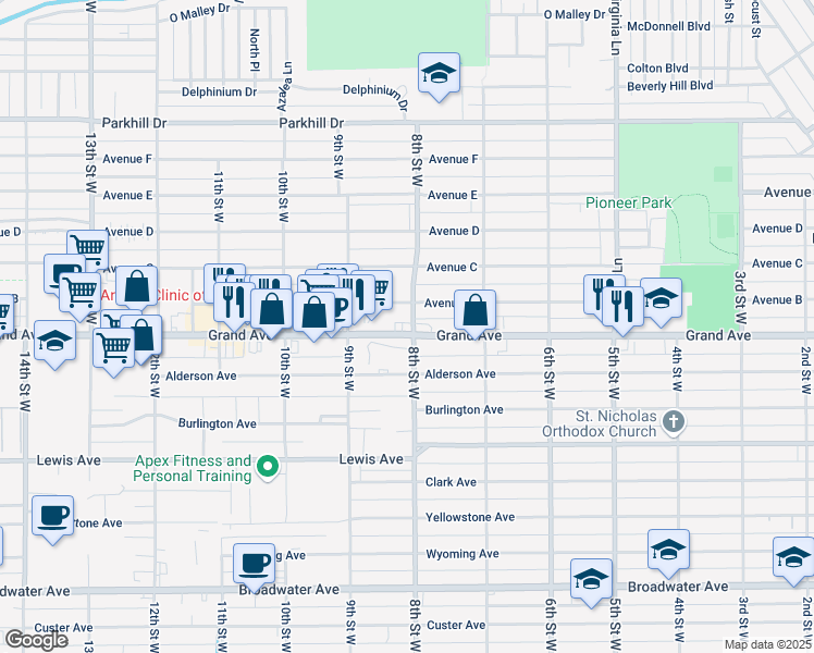 map of restaurants, bars, coffee shops, grocery stores, and more near 801 Grand Avenue in Billings