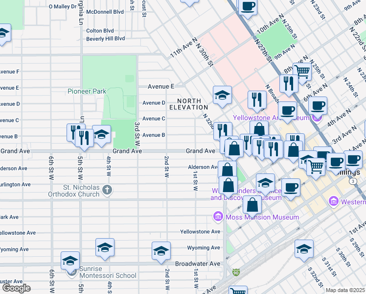 map of restaurants, bars, coffee shops, grocery stores, and more near 121 Grand Avenue in Billings