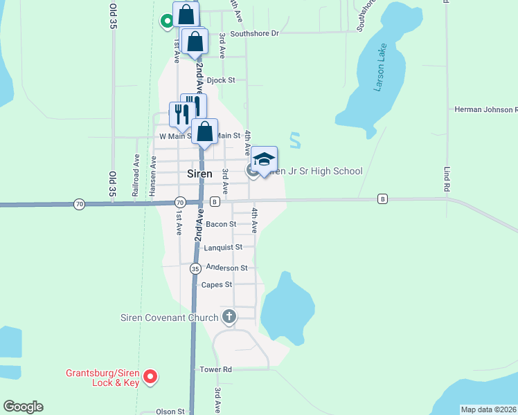 map of restaurants, bars, coffee shops, grocery stores, and more near 7623 County Highway B in Siren