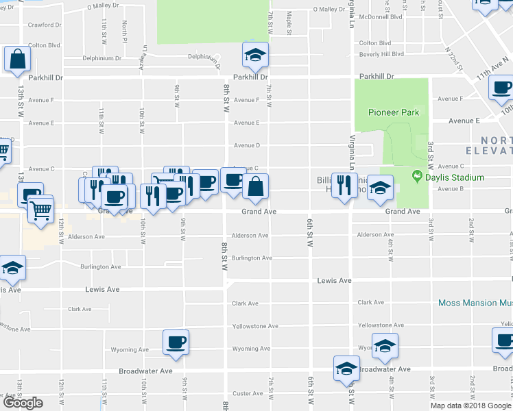 map of restaurants, bars, coffee shops, grocery stores, and more near 715 Grand Avenue in Billings