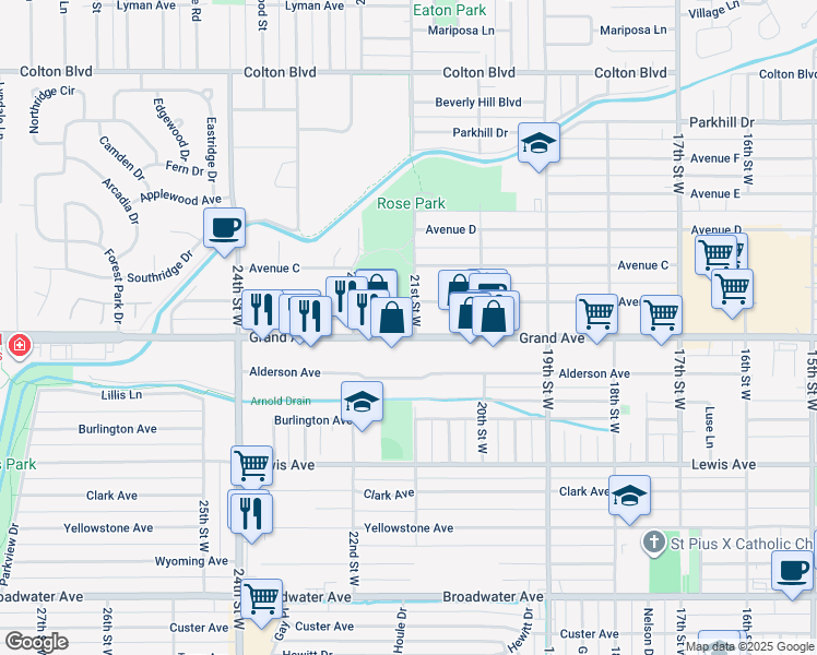 map of restaurants, bars, coffee shops, grocery stores, and more near 2043 21st Street West in Billings