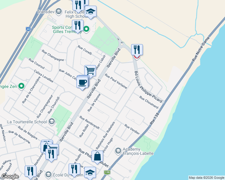 map of restaurants, bars, coffee shops, grocery stores, and more near 1344 A Rue Francois Villon in Repentigny