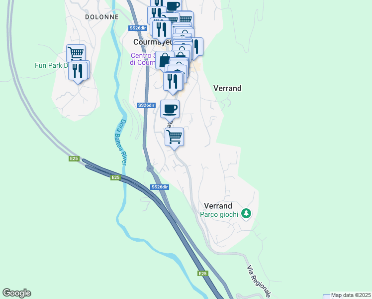 map of restaurants, bars, coffee shops, grocery stores, and more near 25 Via Les Golettes in Courmayeur