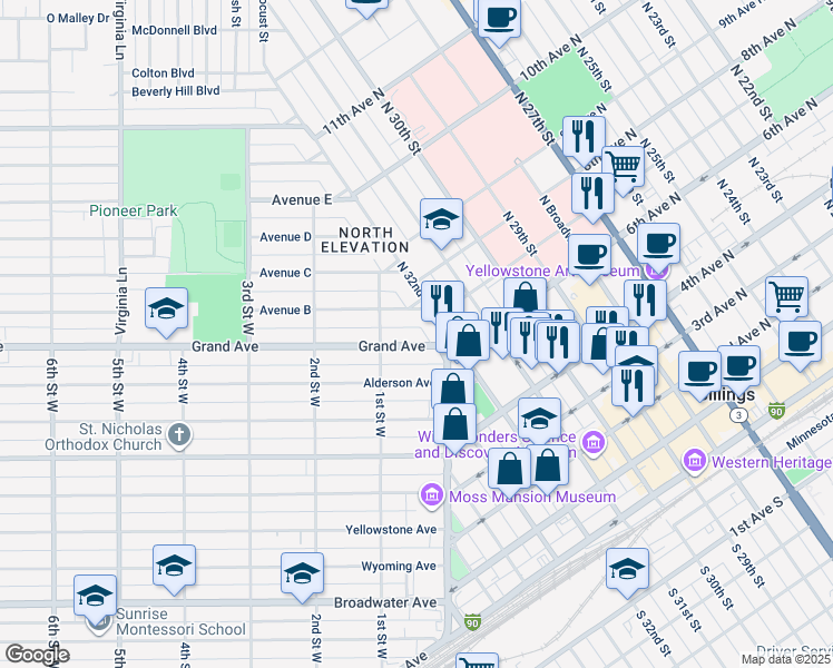 map of restaurants, bars, coffee shops, grocery stores, and more near 620 North 32nd Street in Billings