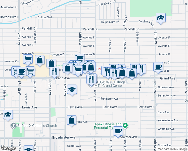 map of restaurants, bars, coffee shops, grocery stores, and more near 1400-1408 12th Street West in Billings