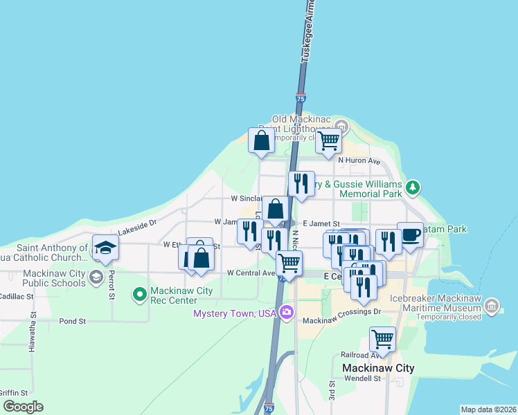 map of restaurants, bars, coffee shops, grocery stores, and more near 301 Louvigny Street in Mackinaw City