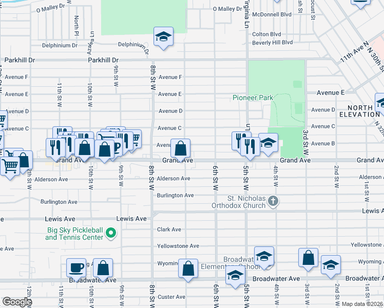 map of restaurants, bars, coffee shops, grocery stores, and more near 643 Grand Avenue in Billings