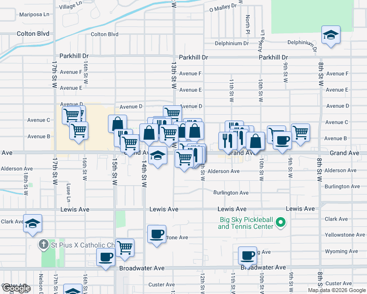map of restaurants, bars, coffee shops, grocery stores, and more near 1235 Grand Avenue in Billings