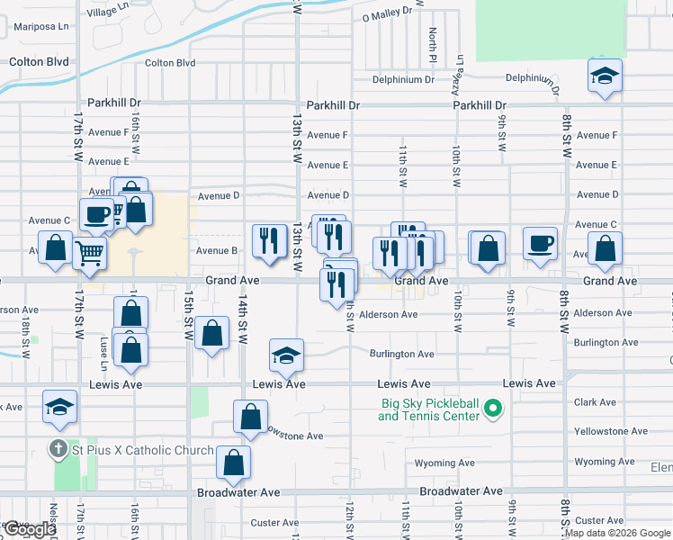 map of restaurants, bars, coffee shops, grocery stores, and more near 1235 Grand Avenue in Billings