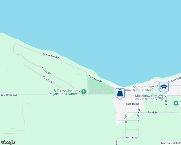 map of restaurants, bars, coffee shops, grocery stores, and more near 1076 Lakeside Drive in Mackinaw City