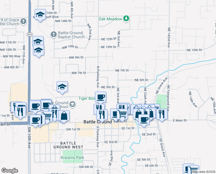map of restaurants, bars, coffee shops, grocery stores, and more near 99 Northeast 5th Street in Battle Ground