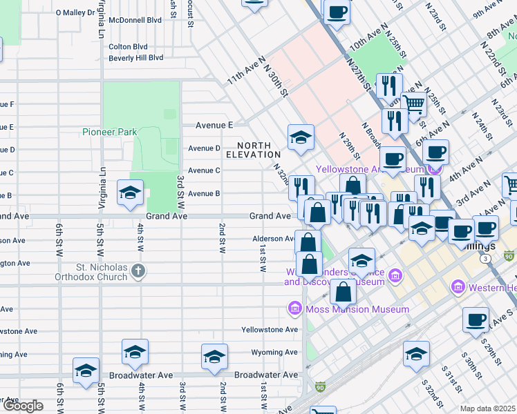 map of restaurants, bars, coffee shops, grocery stores, and more near 1410 1st Street West in Billings