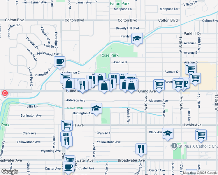 map of restaurants, bars, coffee shops, grocery stores, and more near 2043 21st Street West in Billings