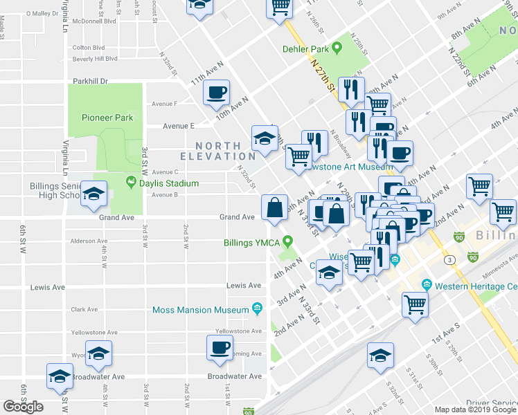 map of restaurants, bars, coffee shops, grocery stores, and more near 620 North 32nd Street in Billings